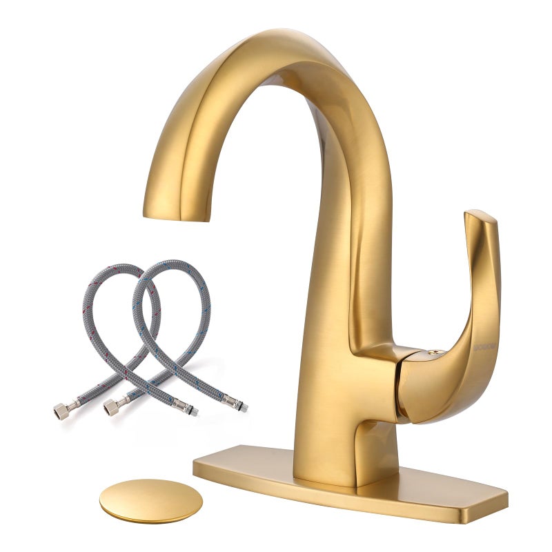 WOWOW Single Handle Bathroom Faucet 1 Hole High Arc Bathroom Basin Faucet Gold with Pop Up Drain, Solid Brass Commercial Bathroom Sink Faucet Basin Vanity Bar Faucet (Patented Product) - Image 1