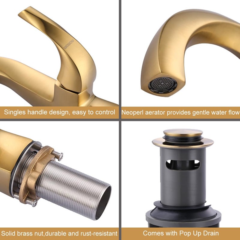WOWOW Single Handle Bathroom Faucet 1 Hole High Arc Bathroom Basin Faucet Gold with Pop Up Drain, Solid Brass Commercial Bathroom Sink Faucet Basin Vanity Bar Faucet (Patented Product) - Image 4