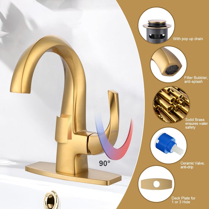 WOWOW Single Handle Bathroom Faucet 1 Hole High Arc Bathroom Basin Faucet Gold with Pop Up Drain, Solid Brass Commercial Bathroom Sink Faucet Basin Vanity Bar Faucet (Patented Product) - Image 5