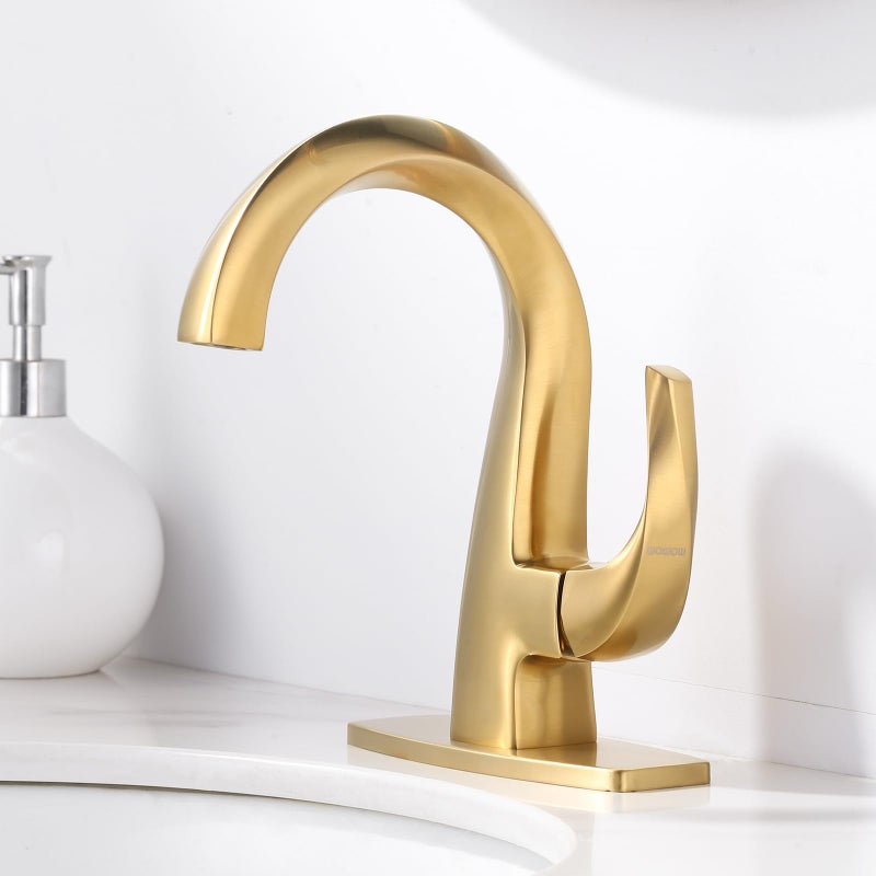 WOWOW Single Handle Bathroom Faucet 1 Hole High Arc Bathroom Basin Faucet Gold with Pop Up Drain, Solid Brass Commercial Bathroom Sink Faucet Basin Vanity Bar Faucet (Patented Product) - Image 3