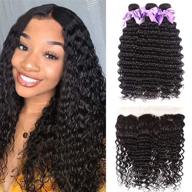 Brazilian Deep Wave 8A Unprocessed Virgin Hair 3 Bundles with Frontal Mixed Length Hair Bundles Natural Color or Black Women Miss GAGA 20 22 2418