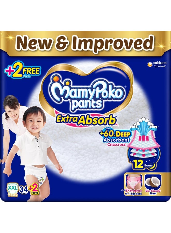 MamyPoko Pants Extra Absorb Baby Diapers, XX-Large (XXL), 34 count(+2) Free Diaper, 15-25 kg