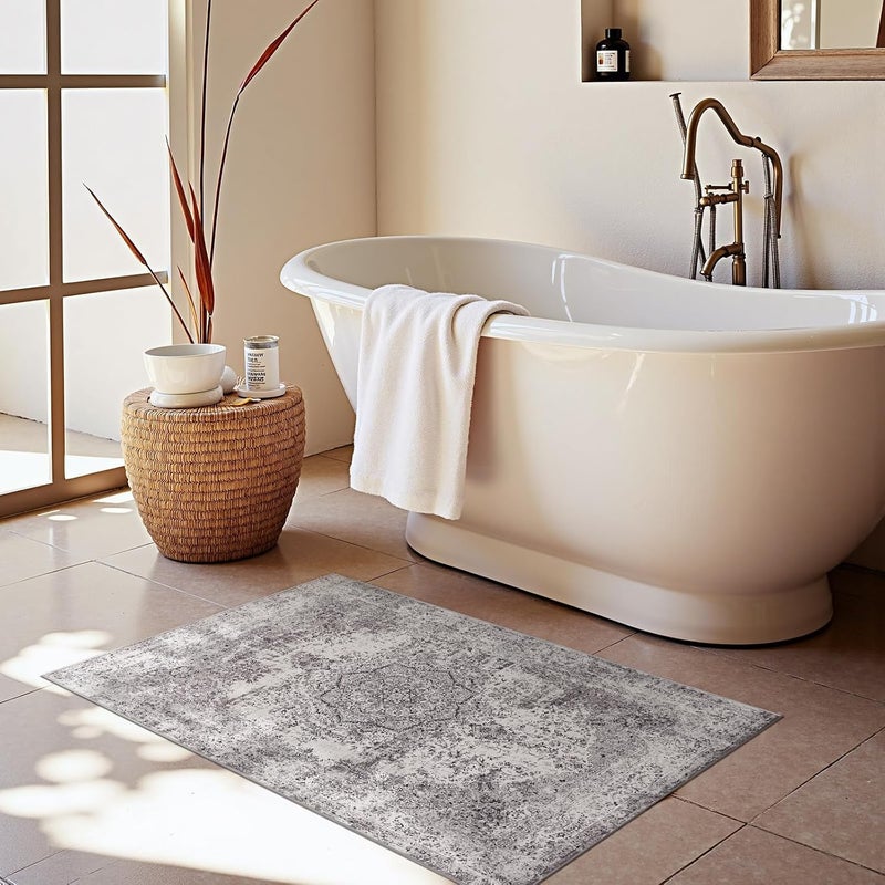 jinchan سجادة منطقة جينتشان 2×3 قابلة للغسل ومضادة للبكتيريا، حصيرة باب عتيقة متهالكة رمادية، سجادة باب للمدخل الداخلي، سجادة رقيقة تقليدية بنمط زهري رمادي، سجاد غير قابل للانزلاق للمطبخ وغرفة النوم وغرفة المعيشة - Image 3