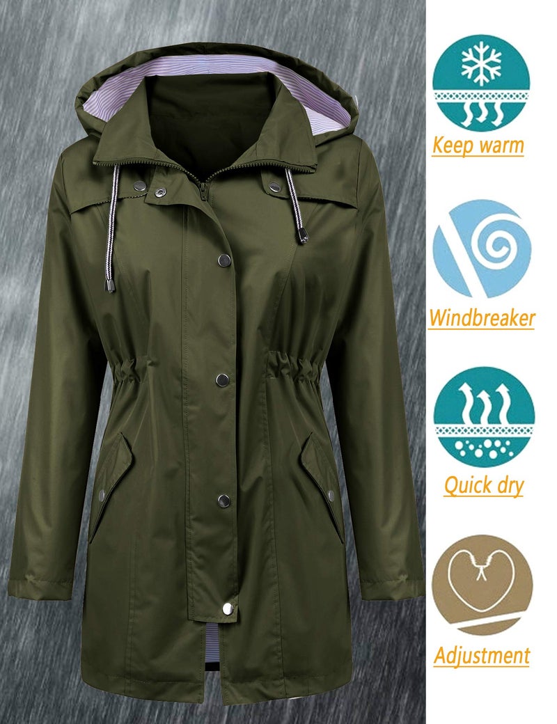 LOMON Raincoat Women Waterproof Long Hooded Trench Coats Lined Windbreaker Travel Jacket Army Green L - Image 2