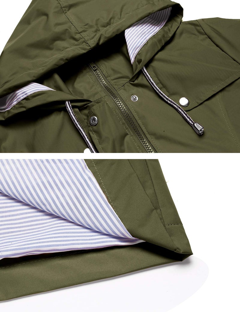 LOMON Raincoat Women Waterproof Long Hooded Trench Coats Lined Windbreaker Travel Jacket Army Green L - Image 4
