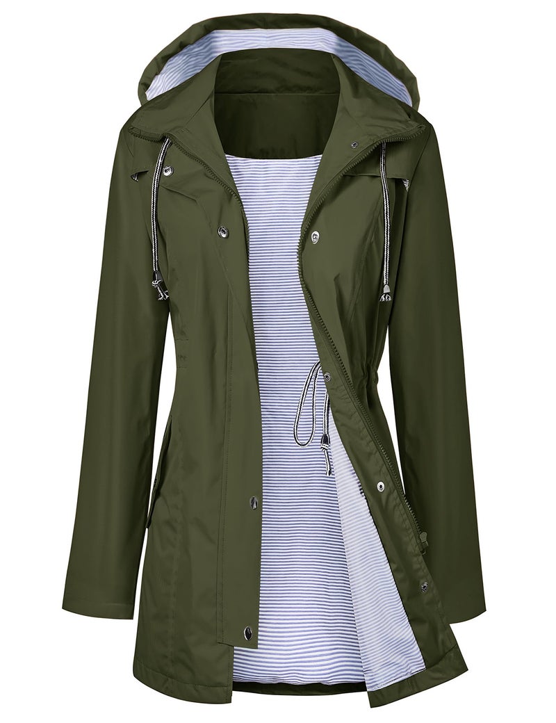 LOMON Raincoat Women Waterproof Long Hooded Trench Coats Lined Windbreaker Travel Jacket Army Green L - Image 5