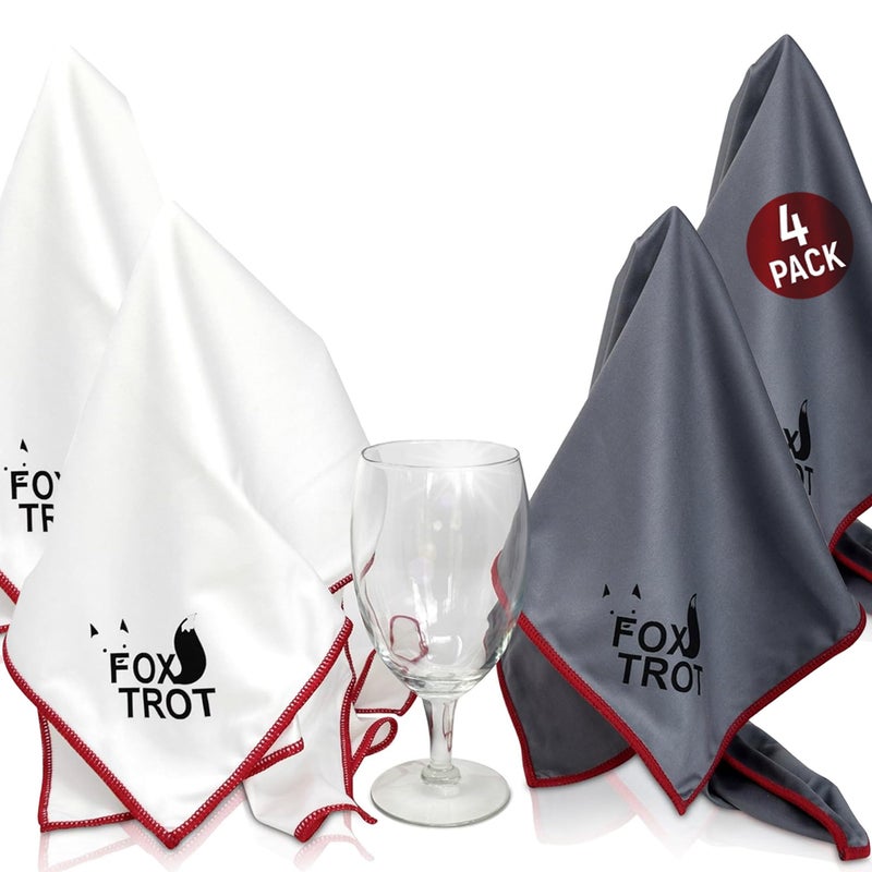 Fox Trot Large Microfiber Polishing Cloths 4 Pack White  Gray  Streak Free Lint Free Shine and Clarity for Wine Glasses Stemware and More