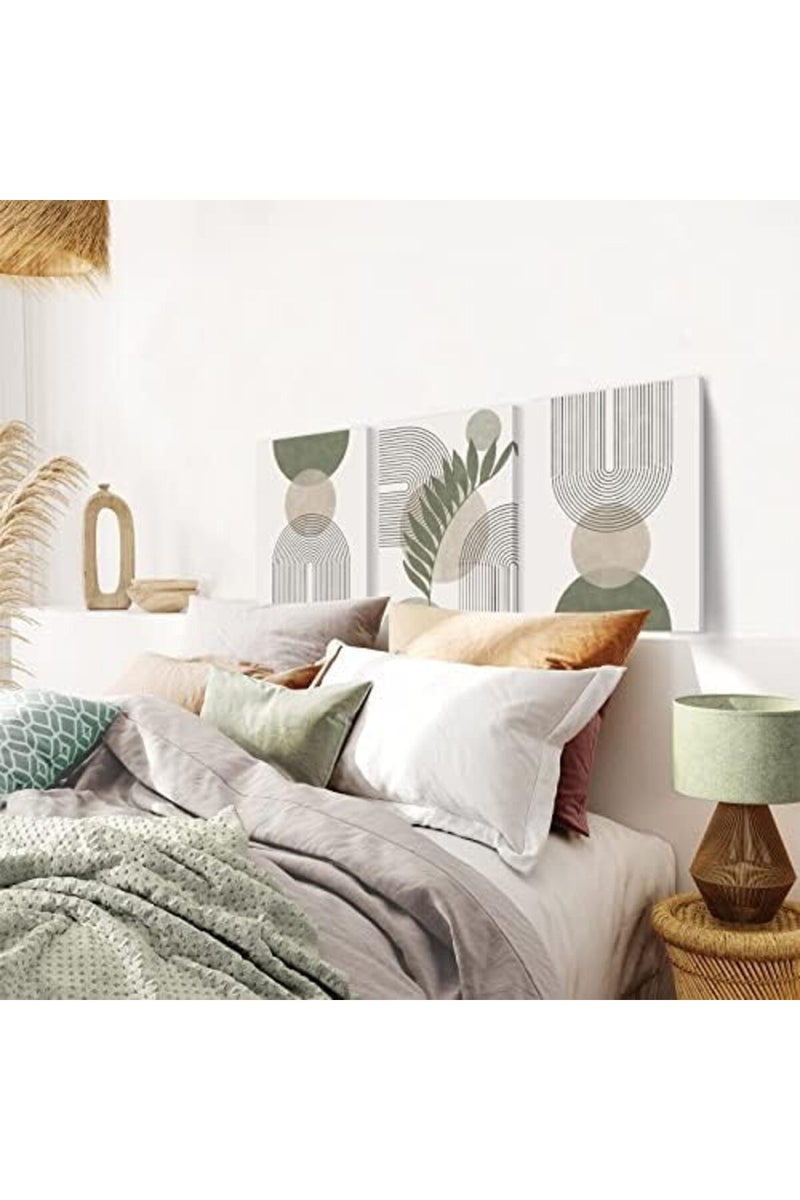 KBKBART Sage Green Boho Wall Art Set of 3, Minimalist Framed Geometric Line Leaf Sun Moon Beige Canvas Artwork Paintings, Abstract Botanical Room Decor, Posters & Prints - Image 3