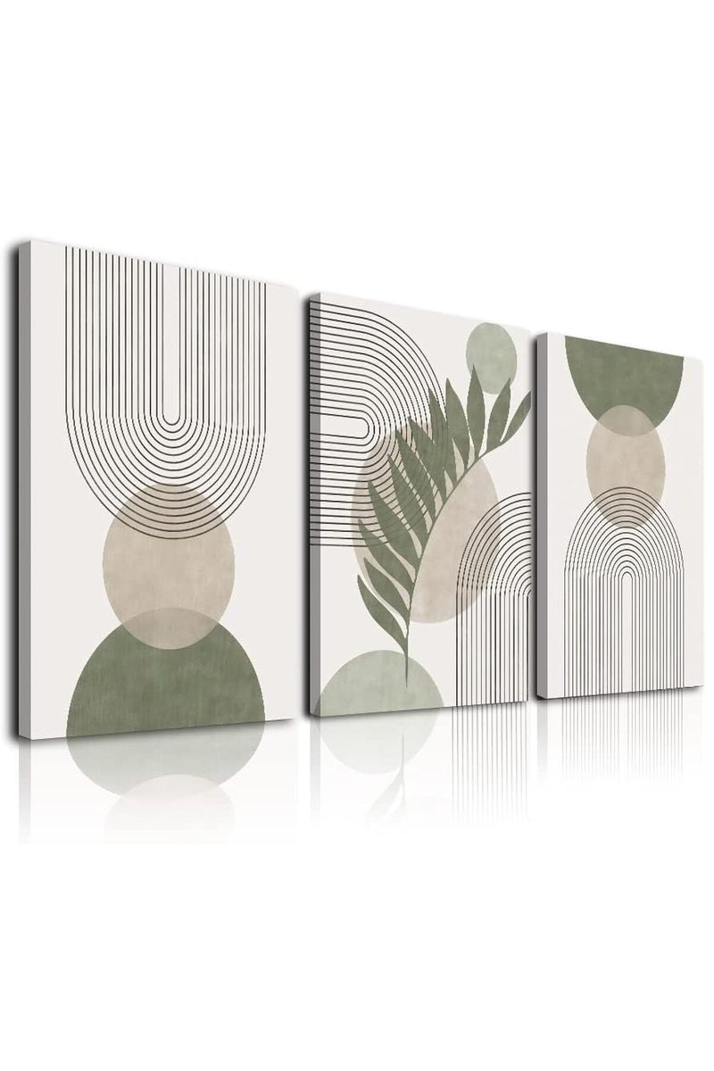 KBKBART Sage Green Boho Wall Art Set of 3, Minimalist Framed Geometric Line Leaf Sun Moon Beige Canvas Artwork Paintings, Abstract Botanical Room Decor, Posters & Prints - Image 1
