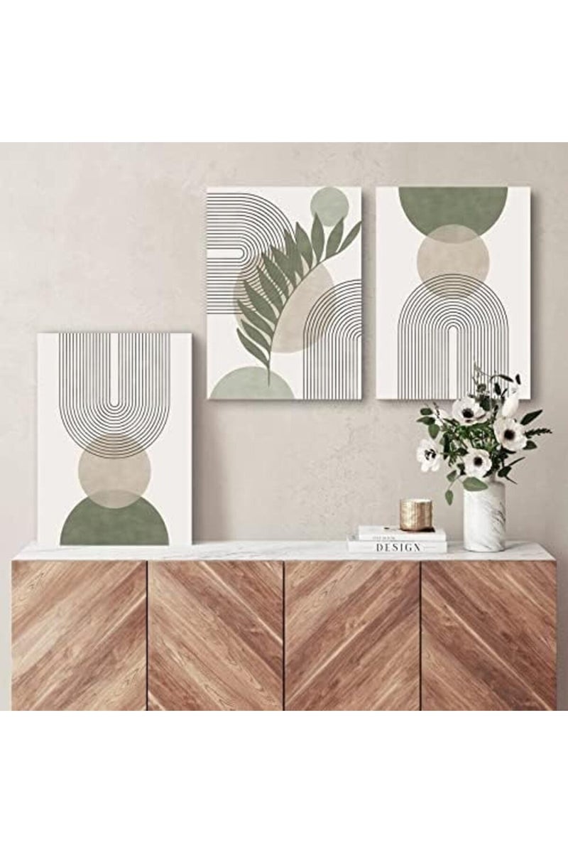 KBKBART Sage Green Boho Wall Art Set of 3, Minimalist Framed Geometric Line Leaf Sun Moon Beige Canvas Artwork Paintings, Abstract Botanical Room Decor, Posters & Prints - Image 2