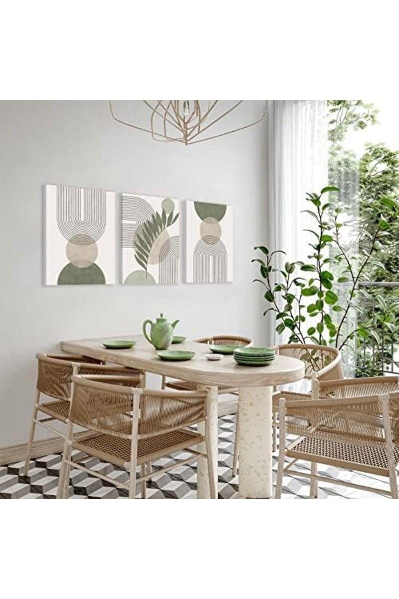 KBKBART Sage Green Boho Wall Art Set of 3, Minimalist Framed Geometric Line Leaf Sun Moon Beige Canvas Artwork Paintings, Abstract Botanical Room Decor, Posters & Prints - Image 4