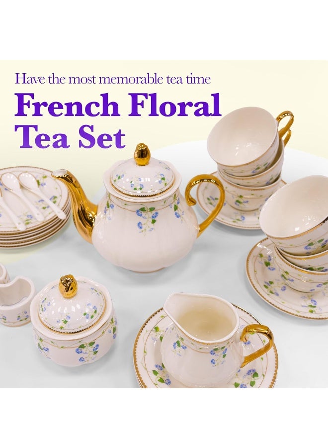 BS B&S 31-Piece Porcelain Tea Set | French Floral Vintage Tea Cup Saucer Set | Ceramic Tea Party Set with Tea Pot | Flower Painting Party Dinner Set | Home Décor Cup and Saucer (Violet) - Image 2
