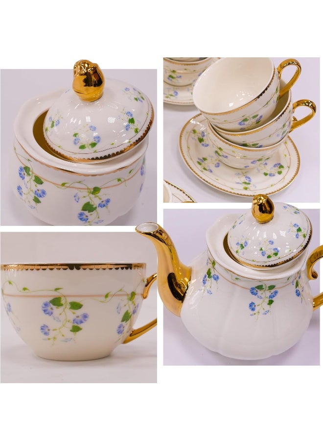 BS B&S 31-Piece Porcelain Tea Set | French Floral Vintage Tea Cup Saucer Set | Ceramic Tea Party Set with Tea Pot | Flower Painting Party Dinner Set | Home Décor Cup and Saucer (Violet) - Image 3