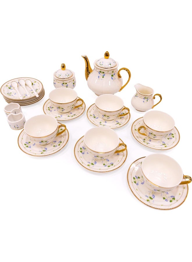 BS B&S 31-Piece Porcelain Tea Set | French Floral Vintage Tea Cup Saucer Set | Ceramic Tea Party Set with Tea Pot | Flower Painting Party Dinner Set | Home Décor Cup and Saucer (Violet) - Image 1