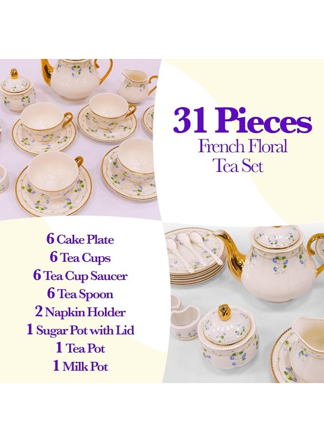 BS B&S 31-Piece Porcelain Tea Set | French Floral Vintage Tea Cup Saucer Set | Ceramic Tea Party Set with Tea Pot | Flower Painting Party Dinner Set | Home Décor Cup and Saucer (Violet) - Image 4