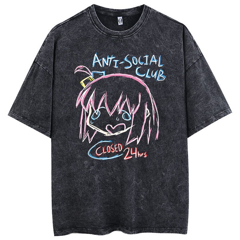 New Lonely Rock Live Stage Cartoon Anime Washed Old Vintage Short Sleeve T-Shirt American Cotton - Image 2