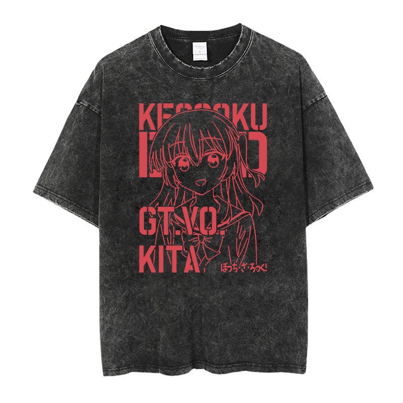 New Lonely Rock Live Stage Cartoon Anime Washed Old Vintage Short Sleeve T-Shirt American Cotton - Image 3