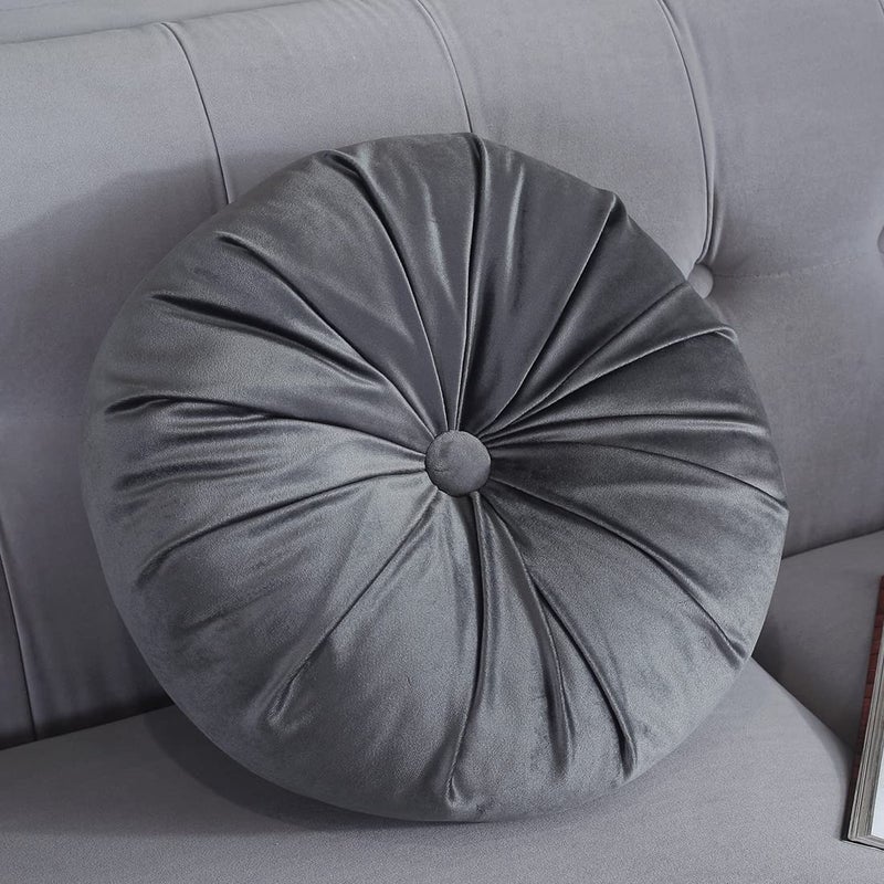 vctops Round Velvet Solid Color Chair Cushion Pumpkin Pleated Throw Pillow Home Decorative Floor Pillow Diameter 15 Light Grey - Image 2