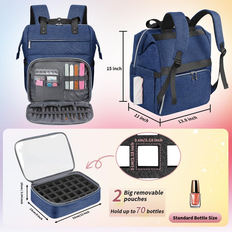 LTINVECK Nail Polish Organizer Case Backpack Holds 70 Bottles (15ml/0.5fl.oz)& Nail Lamp, 2 Layers Detachable Nail Kit Storage Case, Large Travel Nail Supplies Shoulder Bag for Manicure Tools (Blue) - Image 2