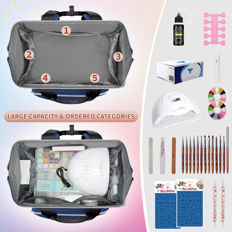 LTINVECK Nail Polish Organizer Case Backpack Holds 70 Bottles (15ml/0.5fl.oz)& Nail Lamp, 2 Layers Detachable Nail Kit Storage Case, Large Travel Nail Supplies Shoulder Bag for Manicure Tools (Blue) - Image 5