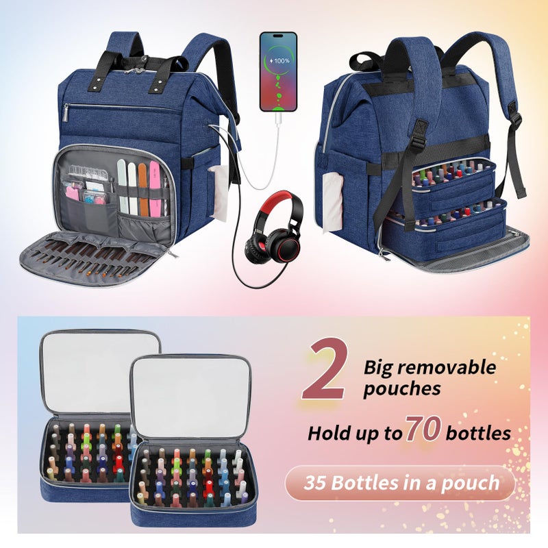 LTINVECK Nail Polish Organizer Case Backpack Holds 70 Bottles (15ml/0.5fl.oz)& Nail Lamp, 2 Layers Detachable Nail Kit Storage Case, Large Travel Nail Supplies Shoulder Bag for Manicure Tools (Blue) - Image 3