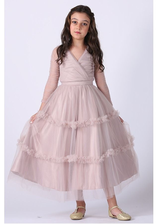 Modern Design Soft, Elegant Girls' Dress Of Soft Tulle Material, On Long Sleeves, Wrapping The Opening Of The Chest, V-shape From Below, Cloche Story  - Image 1