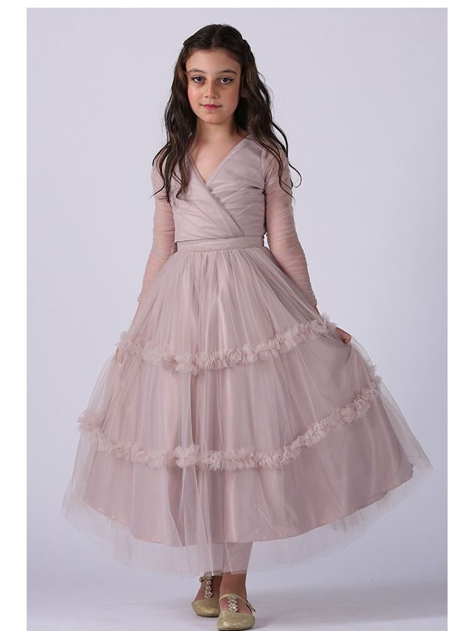 Modern Design Soft, Elegant Girls' Dress Of Soft Tulle Material, On Long Sleeves, Wrapping The Opening Of The Chest, V-shape From Below, Cloche Story  - Image 2
