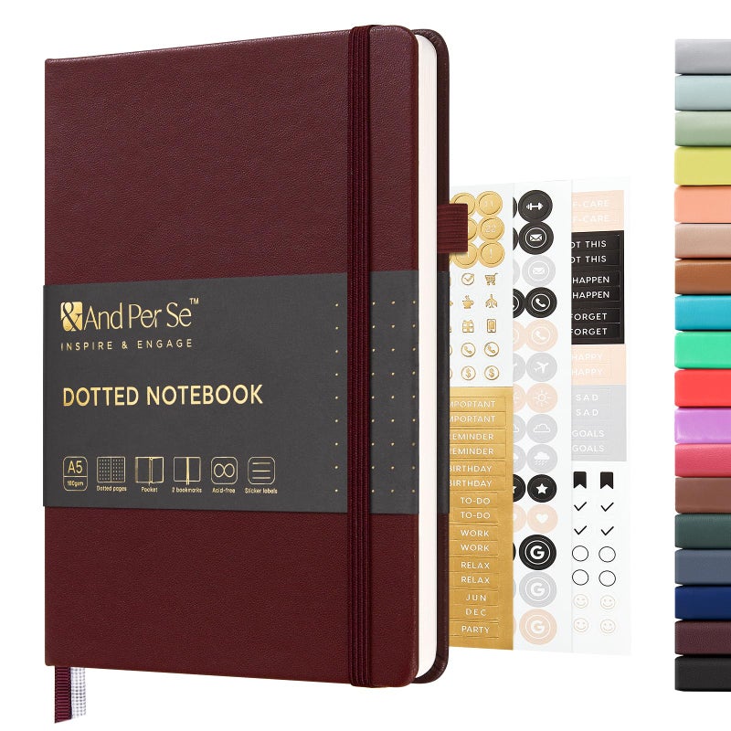 ⩓ Per Se Dotted Journal Notebook A5 غلاف مقوى من الجلد مجلة منقط 160 صفحة ورق سميك 100 جرام لكل متر مربع 3 أوراق من الملصقات متضمنة - 5.7 بوصة × 8 بوصة (أحمر داكن) - Image 1