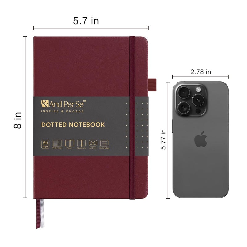 ⩓ Per Se Dotted Journal Notebook A5 غلاف مقوى من الجلد مجلة منقط 160 صفحة ورق سميك 100 جرام لكل متر مربع 3 أوراق من الملصقات متضمنة - 5.7 بوصة × 8 بوصة (أحمر داكن) - Image 2