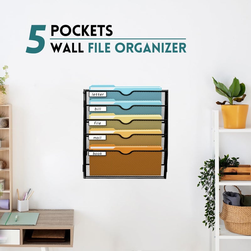 SUPEASY 5 Tier Wall File Organizer, Hanging Wall Mounted Mail Organizer with Label Slots, Metal Mesh File Holder Magazine Rack for Office, Home, School, Black - Image 2