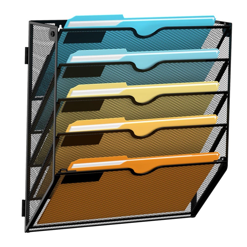 SUPEASY 5 Tier Wall File Organizer, Hanging Wall Mounted Mail Organizer with Label Slots, Metal Mesh File Holder Magazine Rack for Office, Home, School, Black - Image 1
