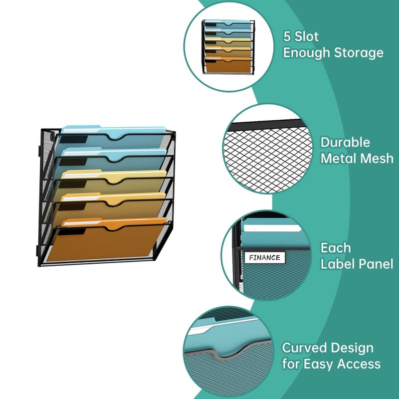 SUPEASY 5 Tier Wall File Organizer, Hanging Wall Mounted Mail Organizer with Label Slots, Metal Mesh File Holder Magazine Rack for Office, Home, School, Black - Image 3