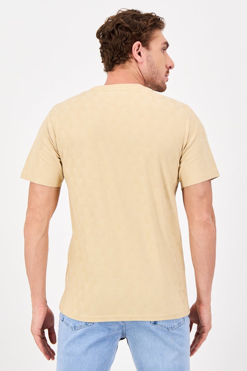Threadbare Men Crew Neck Short Sleeve Textured T-shirt, Beige - Image 3