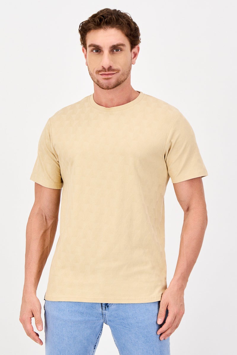 Threadbare Men Crew Neck Short Sleeve Textured T-shirt, Beige - Image 1