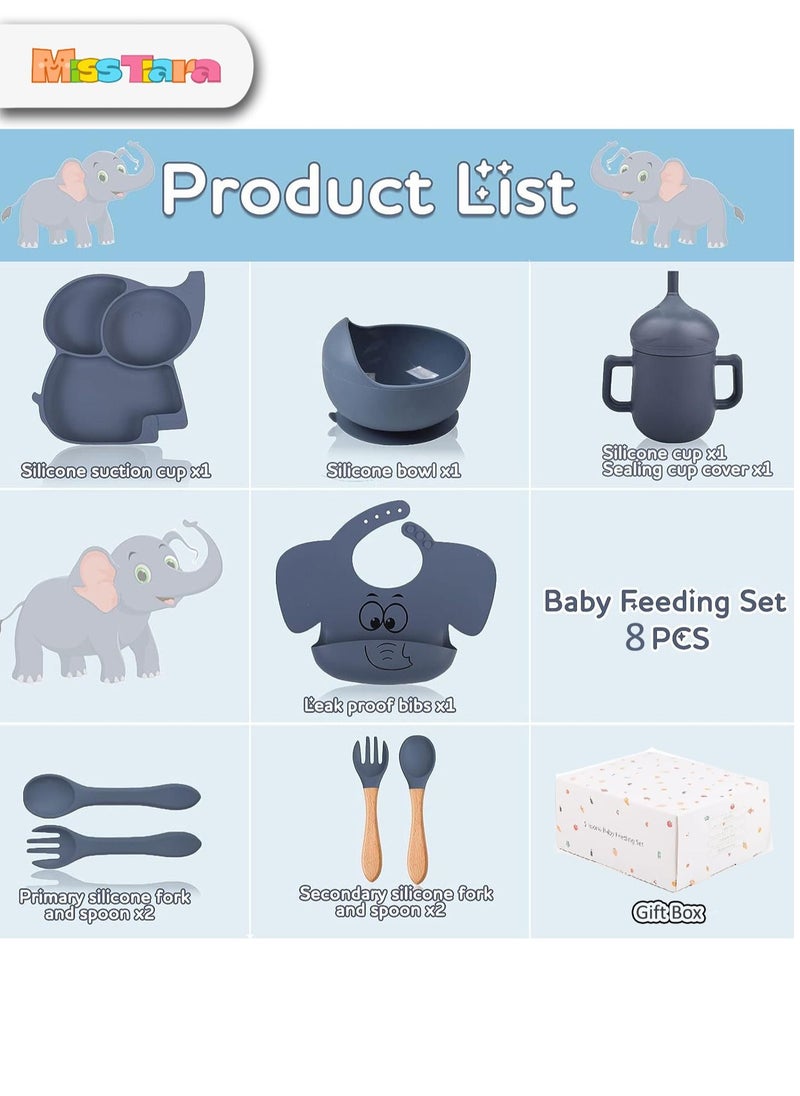 MissTiara - Baby Feeding Set,8 Pcs Silicone Baby Tableware Set Toddler Divider Plate & Bowl with Suction, BPA Free Baby Tableware Set with Adjustable Soft Silicone Bib & Utensils - Image 1