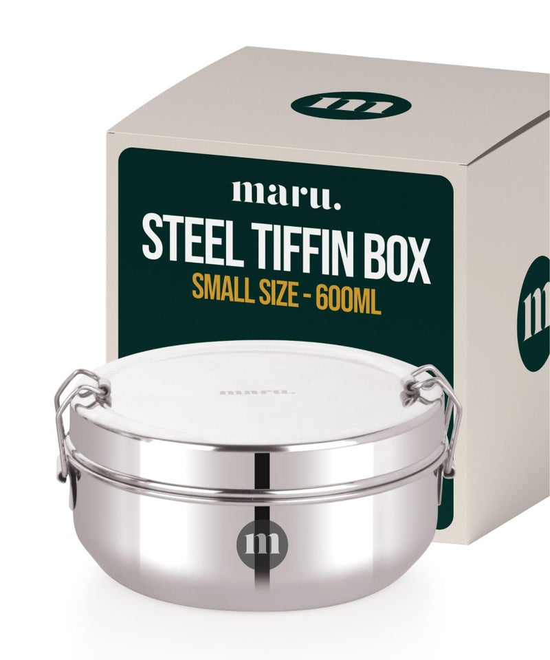 MARU Steel Tiffin Box for School/Office 600ml, Airtight Lunch Containers with Compartments & Small Partiton Plate, Easy to Carry & Clean, Perfect for Men, Women & Kids for Daily Use & Multipurpose - Image 1