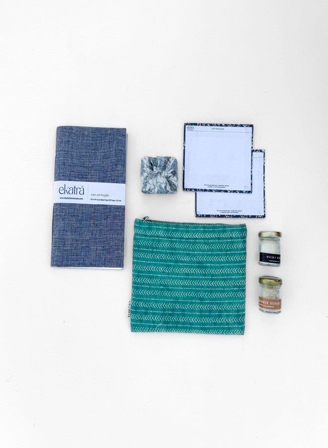 Ekatra Sustainable Wellness Hamper | Includes A5 Journals, Handstitched Pouch, Essential Oils Bath Bar, Scented Candles, Face Scrub, Notecard | Handmade Gift Set for Self-Care – Solid Grey - Image 4