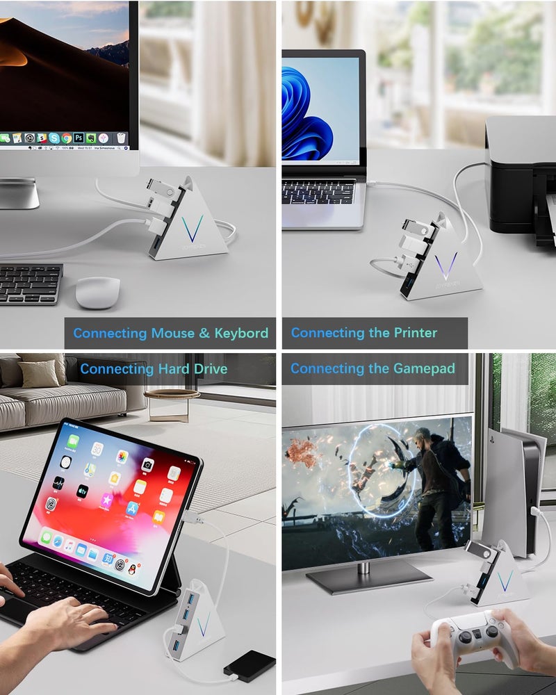 JoyReken USB 3.0 Hub,4 Port USB Hub Tower,2ft Cable USB Splitter for Laptop,PC, PS4,PS5,Xbox,Mouse,Keyboard, Flash Drive, U-Disk (White) - Image 4