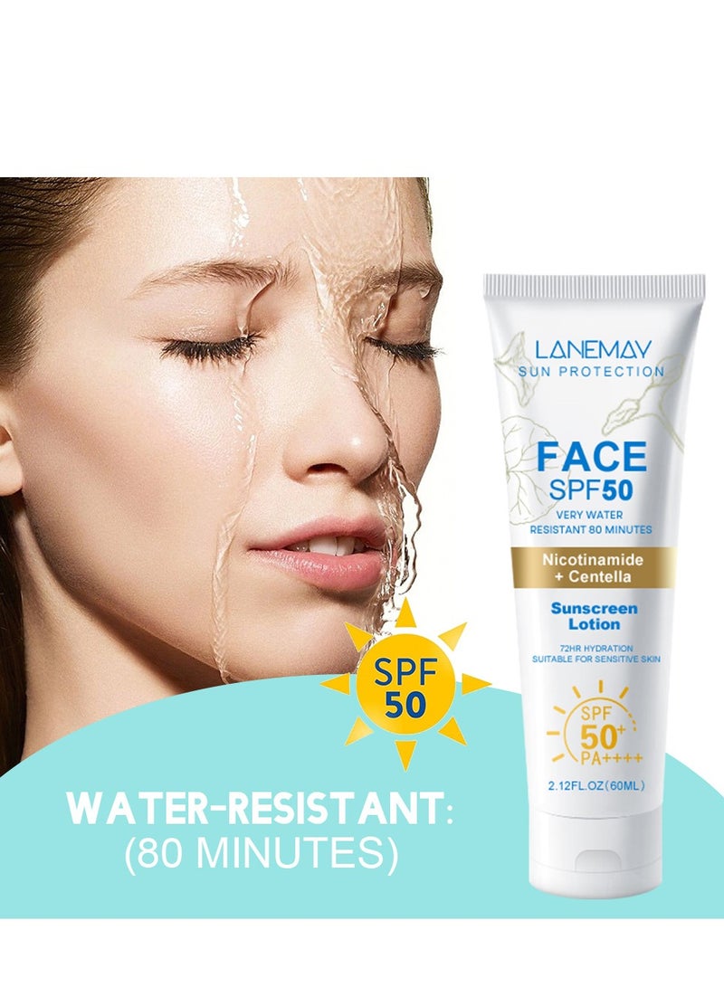 لينماي كريم واقي من الشمس SPF 50+، واقي من الشمس نيكوتيناميد سينتيلا، مرطب للوجه مقاوم للماء SPF 50، واقي من الشمس منعش وخالي من الدهون للدفاع عن الأشعة فوق البنفسجية لجميع أنواع البشرة، كريم واقي من الشمس للسفر، 60 مل - Image 2
