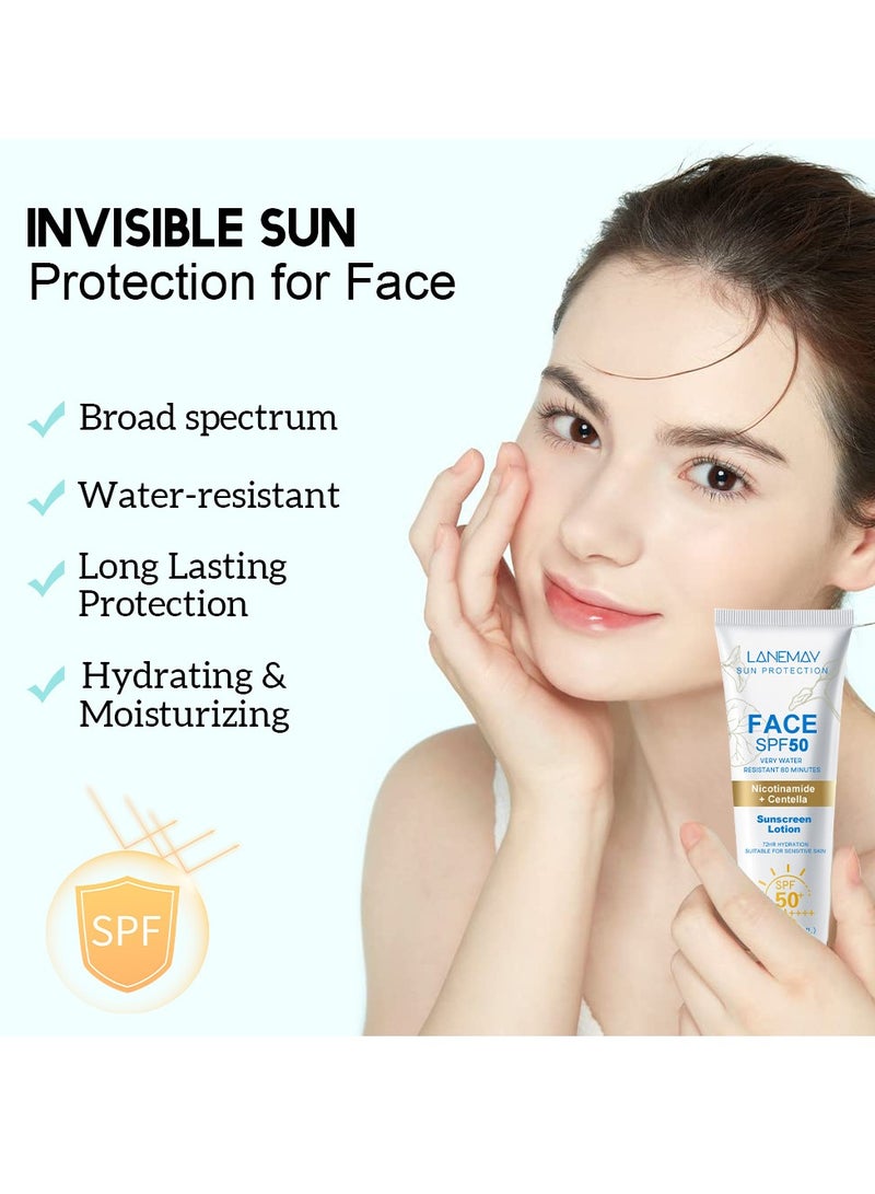 لينماي كريم واقي من الشمس SPF 50+، واقي من الشمس نيكوتيناميد سينتيلا، مرطب للوجه مقاوم للماء SPF 50، واقي من الشمس منعش وخالي من الدهون للدفاع عن الأشعة فوق البنفسجية لجميع أنواع البشرة، كريم واقي من الشمس للسفر، 60 مل - Image 3