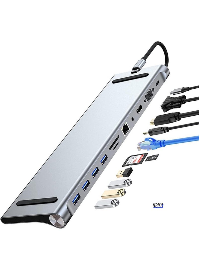 TIGER - 11-in-1 USB C Docking Station with 4K HDMI, VGA, SD/TF Reader, 4 USB 3.0 Ports, RJ45 Ethernet – Multiport Adapter for MacBook, Mac Pro, iMac & Laptops – Expand Connectivity & Boost Productivity - Image 1
