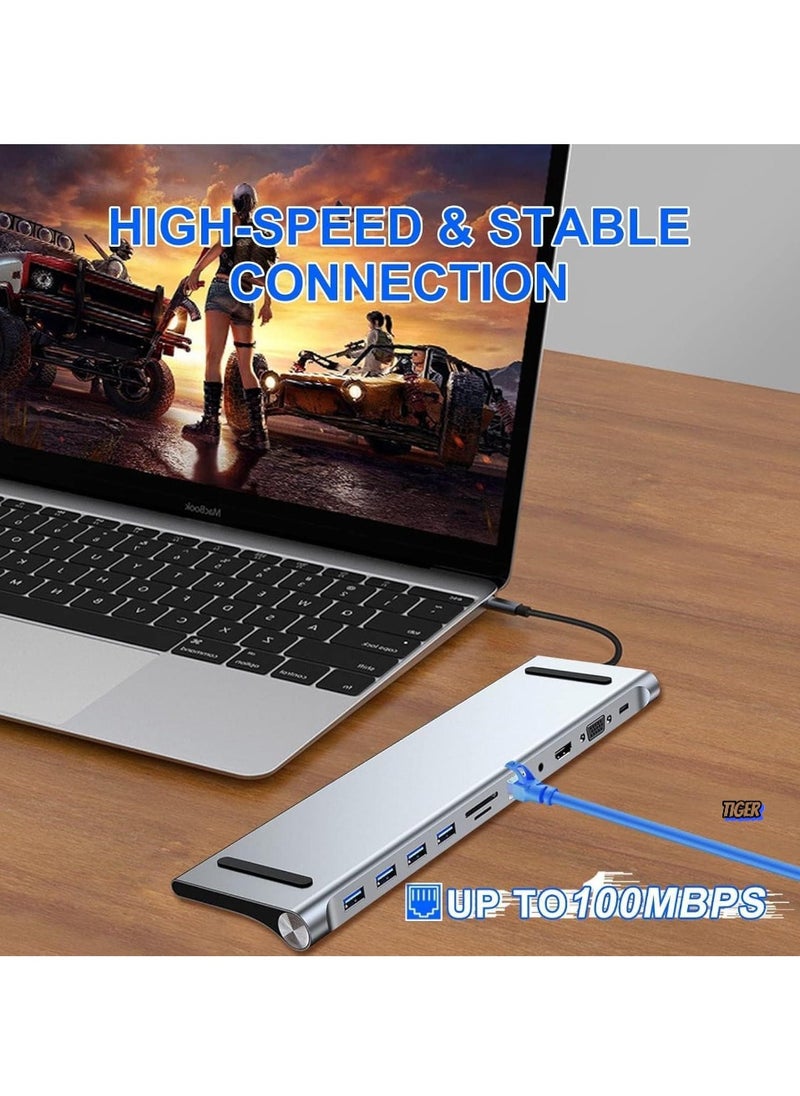 TIGER - 11-in-1 USB C Docking Station with 4K HDMI, VGA, SD/TF Reader, 4 USB 3.0 Ports, RJ45 Ethernet – Multiport Adapter for MacBook, Mac Pro, iMac & Laptops – Expand Connectivity & Boost Productivity - Image 1