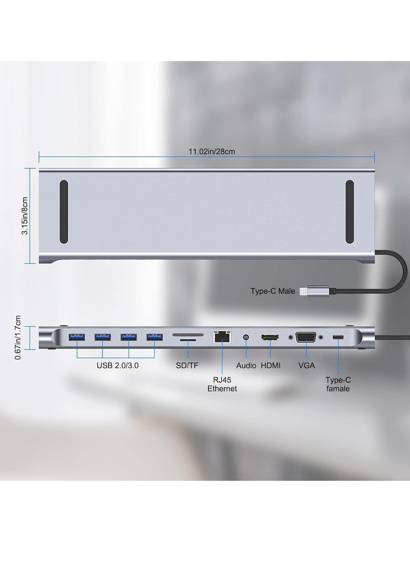 TIGER - 11-in-1 USB C Docking Station with 4K HDMI, VGA, SD/TF Reader, 4 USB 3.0 Ports, RJ45 Ethernet – Multiport Adapter for MacBook, Mac Pro, iMac & Laptops – Expand Connectivity & Boost Productivity - Image 1