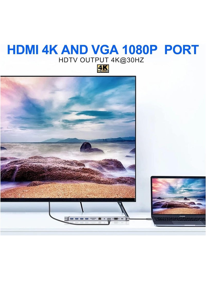 TIGER - 11-in-1 USB C Docking Station with 4K HDMI, VGA, SD/TF Reader, 4 USB 3.0 Ports, RJ45 Ethernet – Multiport Adapter for MacBook, Mac Pro, iMac & Laptops – Expand Connectivity & Boost Productivity - Image 1