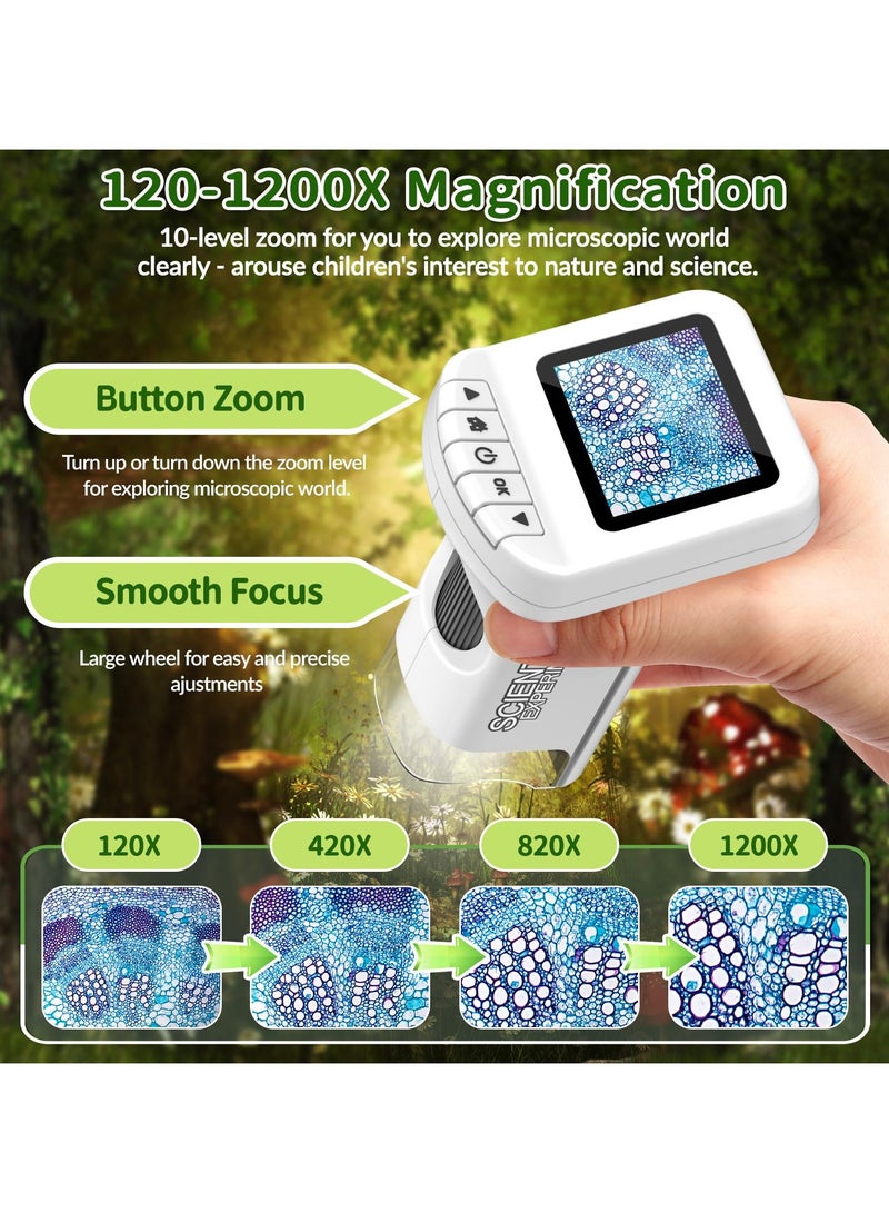 جوبيلين ميكروسكوب للأطفال، ميكروسكوب صغير محمول للأطفال 1200X ميكروسكوب جيب محمول للأطفال مزود بوظيفة التصوير والفيديو، ميكروسكوب رقمي صغير محمول باليد بشاشة رقمية 2 بوصة قابلة لإعادة الشحن، ميكروسكوب تعليمي علمي للأطفال 6-7 8-12 - Image 2