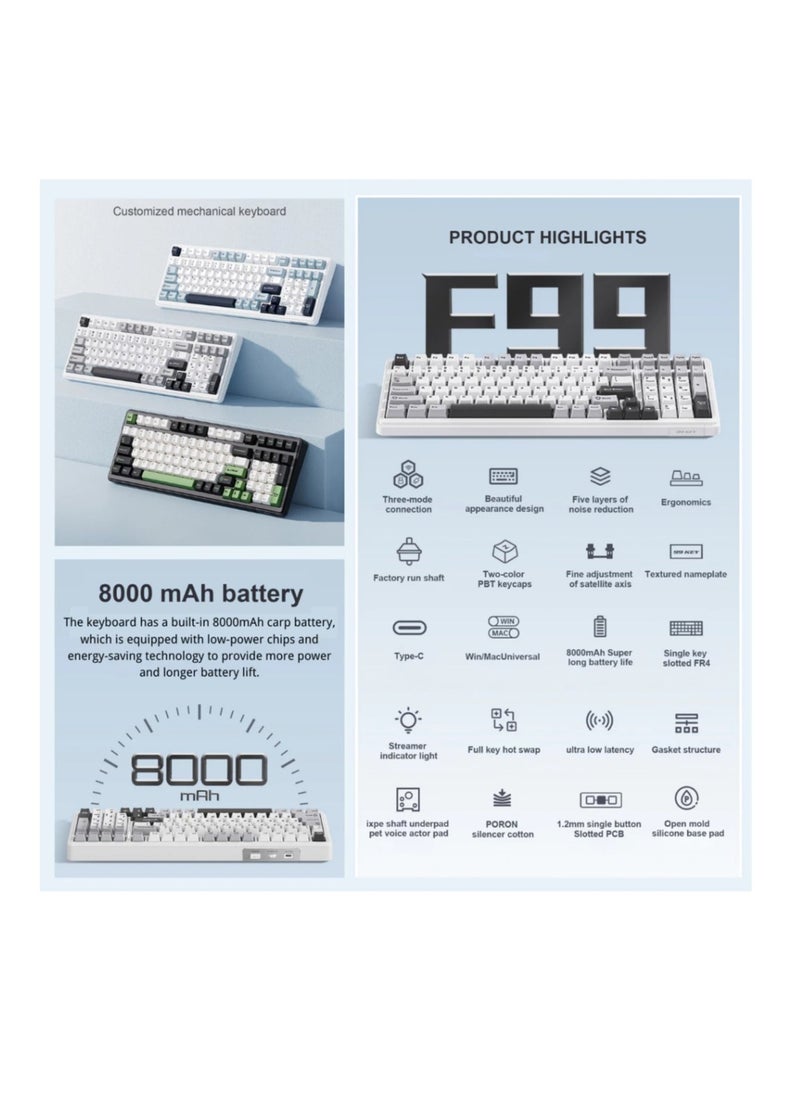 AULA F99 Customized Mechanical Keyboard 99 keys The 3 Mode Hot-swap Gasket Structure 8000mAh Battery (Black+Green)