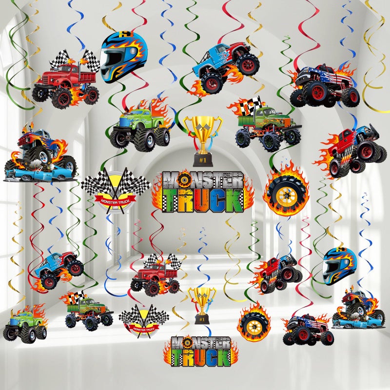 Capoda 54 Pieces Monster Truck Hanging Foil Swirls Truck Birthday Party Decoration Paper Hanging Cutouts for Boys Car Transportation Party Supplies Baby Shower Home Wall Ceiling Decor