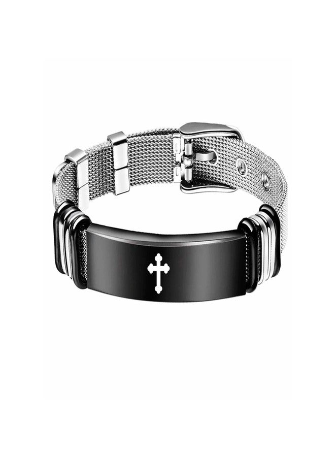 M Men Style Religious Lord Jesus Christ Cross Memorial Jewelry Sympathy Bracelet Bangle Christmas Birthday Gift for Son, Him, His, Friends Gold Stainless Steel Black SBr202589 - Image 1