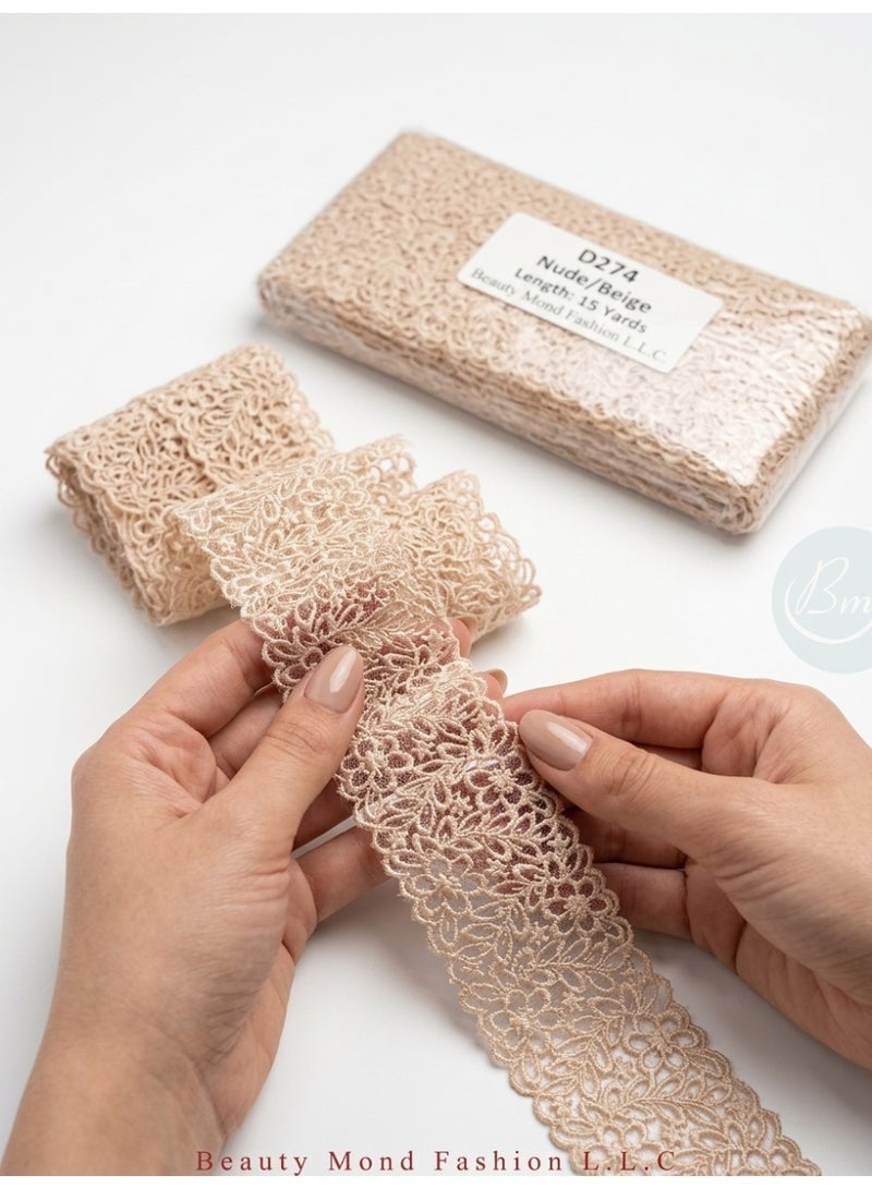 5.5cm Wide Guipure Lace Trim, Flat Floral Embroidery, 15 Yards - Beige(D274) - Image 5