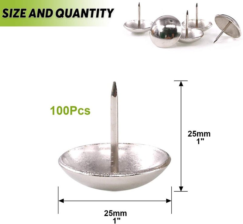 Keadic 100Pcs 1" (25mm) Antique Upholstery Tacks Furniture Nails Pins Assortment Kit for Upholstered Furniture Cork Board or DIY Projects - Silver - Image 2